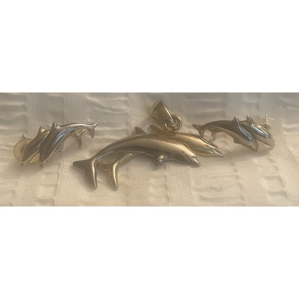VTG Gold Tone & Silver Dolphin Pendant & Matching Earrings